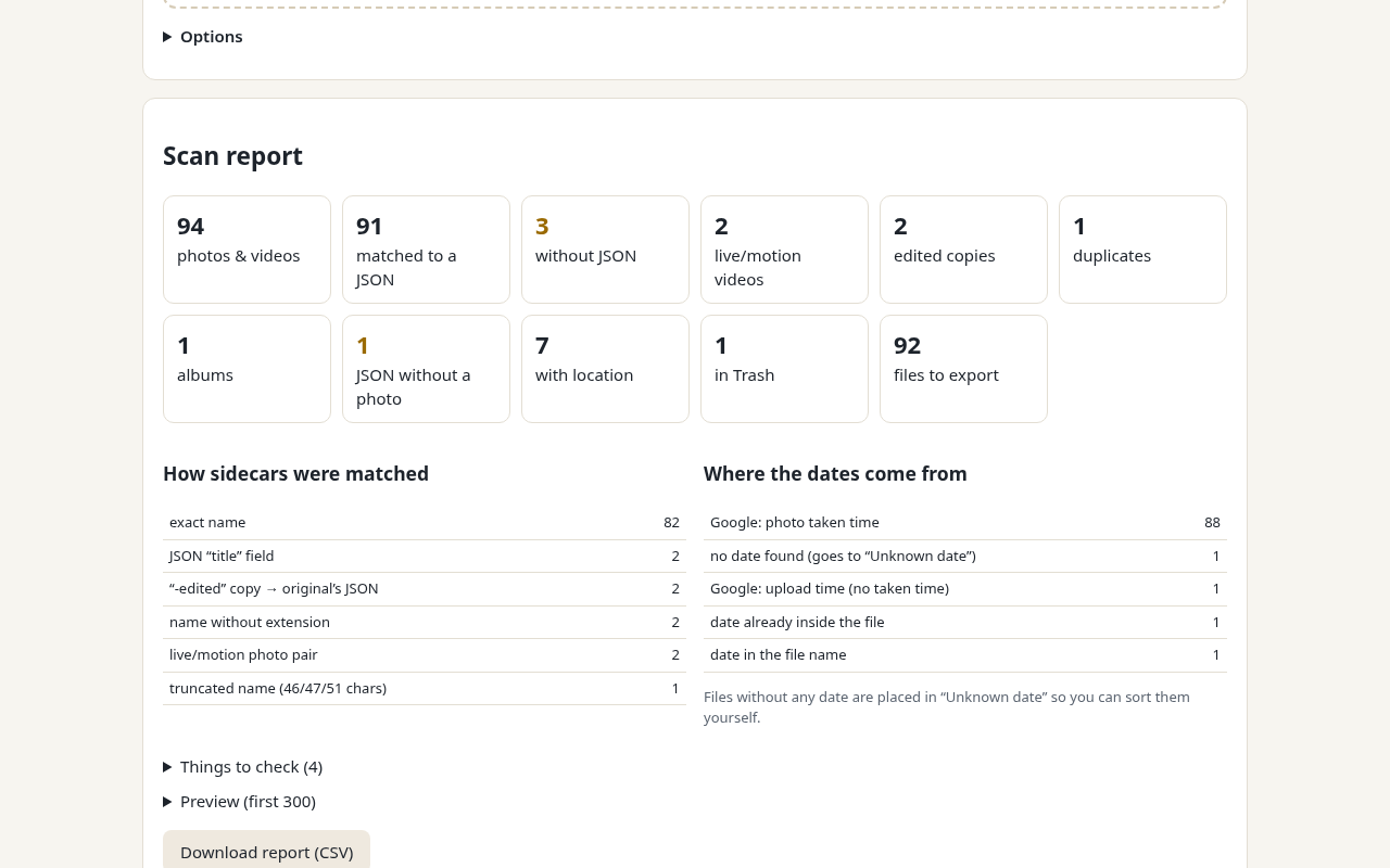 Rollmend scan report for a Google Photos Takeout: number of photos matched with their JSON file, date sources and output preview